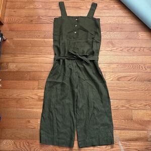 LinenFox 100% Linen Green Jumpsuit Coveralls Overalls Belted Button Up Large